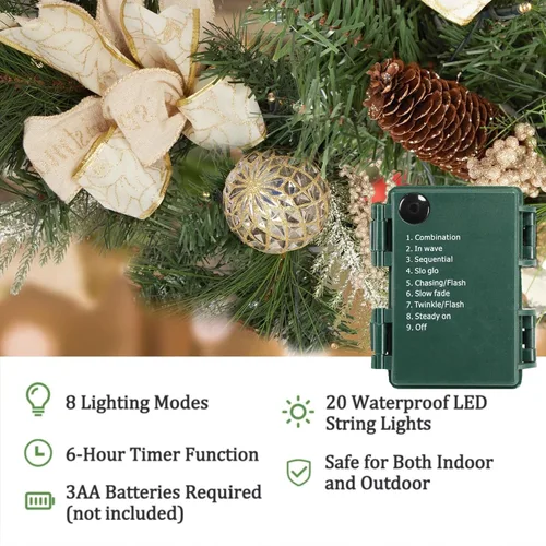 Vista 4 de Guirnalda de Navidad preiluminada de 6 pies con luces para manto, guirnalda de Navidad iluminada a pilas al aire libre con 20 bolas de oro LED
