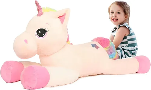 Vista 18 de Tezituor Juguetes de unicornio de peluche de 32 pulgadas, animales de unicornio gigante beige de peluche, encantadoras decoraciones de peluche