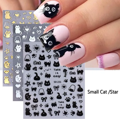 Vista 4 de Calcomanías de uñas de gato, 8 hojas de calcomanías autoadhesivas 3D con diseño de gato dorado, plateado, negro, blanco, para niños, niñas, mujeres