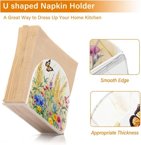 Vista 4 de Servilletero rústico con flores silvestres y mariposas para mesas, servilleteros de acrílico transparente, servilleteros de cóctel para cocina