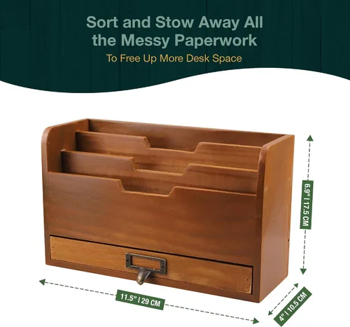 Vista 3 de Organizador de escritorio de madera rústica, clasificador de archivos vertical con 3 compartimentos y 1 cajón de bandeja de papel, madera de caoba
