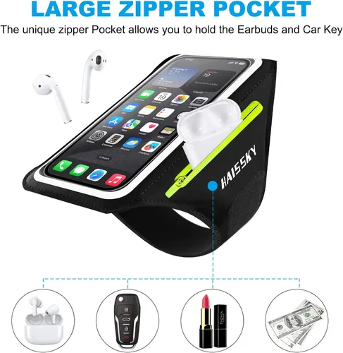 Vista 2 de Brazalete para teléfono celular con bolsillo con cremallera, soporte para iPhone 16 Pro Max/15/14 Pro Max/13/12/11 Pro Max/XS/XR, Galaxy S20 S10
