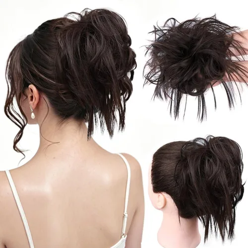 Vista 28 de HMD - Extensiones de cabello tipo chongo alborotado con rodelo despeinado, banda elástica de goma, extensiones de cabello sintético para mujer