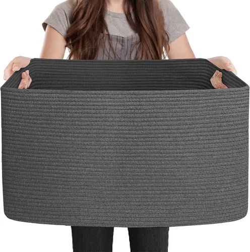 Vista 14 de MEGASKET Cesta extra grande para mantas, 23.6 x 17 x 12 pulgadas, almacenamiento de manta negra para sala de estar, soporte de almohada de cuerda
