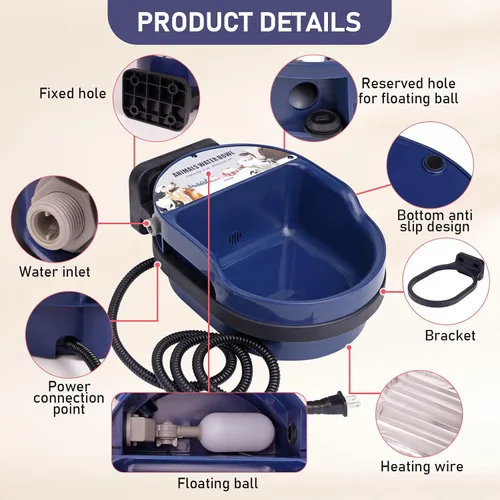 Vista 6 de Cuenco de agua automático para perros con calefacción para exteriores, razas grandes, llenado automático, tazón de agua con válvula flotante
