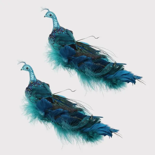 Vista 10 de Adornos de Navidad 2023, plumas de pavo real, pavo real con adorno de purpurina con clip, decoraciones de pájaros falsos para árboles de Navidad