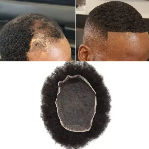 Vista 3 de Afro Toupee Full French Lace Man Weave Unidad de cabello 100% virgen humano rizado rizado unidades de repuesto para hombres negros, 8 x 10 pulgadas