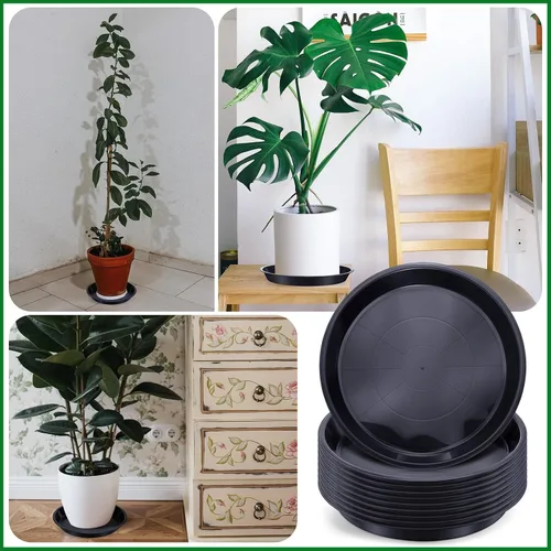 Vista 7 de Sawysine Paquete de 15 platillos redondos de plástico para plantas, platillos negros para macetas, plato grueso para plantas, bandeja de agua