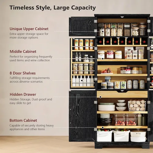 Vista 7 de 78.2" Tall Farmhouse Kitchen Pantry Cabinet with 8 Door Shelves, Storage Cabinet with 4 Adjustable Shelves, Hidden Drawer, Wine Rack, Versatile Ash