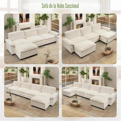 Vista 4 de Sofá modular modular de 118 pulgadas, cómodo sofá seccional de chenilla de 3 asientos para sala de estar, dormitorio y apartamento, color beige Pana