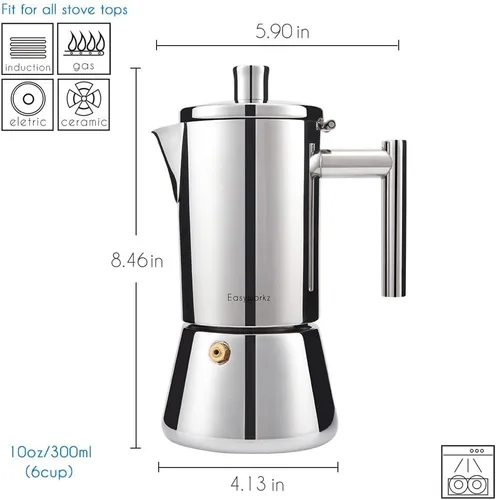 Vista 2 de Easyworkz Diego - Cafetera de café expreso para estufa, 6 tazas de 10 onzas, con mango largo hueco de acero inoxidable, cuchara medidora de 0.27