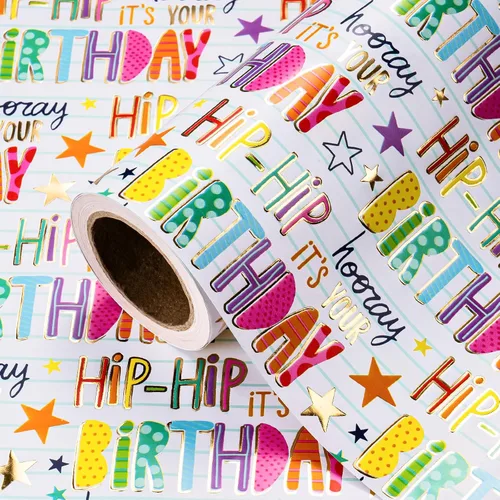 Vista 9 de WRAPAHOLIC Papel de regalo para cumpleaños - Rollo mini - 17 pulgadas x 16.5 pies - Papel de regalo azul dorado con foil brillante de feliz Azul