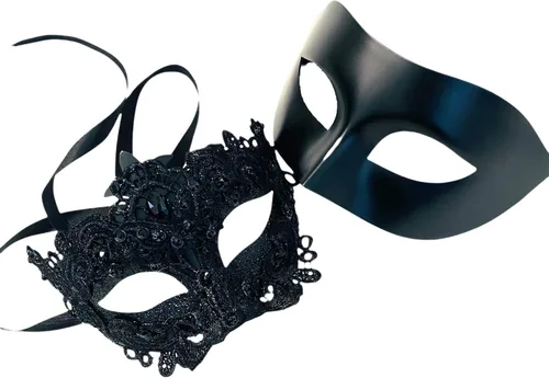 Vista 5 de Par de máscaras de encaje brocado para mascarada, Mardi Gras, cumpleaños, graduación, boda, fiesta