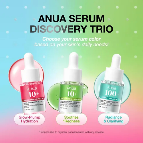 Vista 2 de Kit de viaje de tamaño mini de suero facial Anua Discovery Trio, con ácido hialurónico, niacinamida y ácido azelaico, set de regalo hidratante