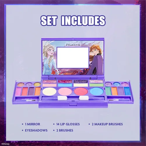Vista 2 de Disney Frozen - Juego de maquillaje para niñas, incluye brillo de labios, sombra de ojos con purpurina, rubor con purpurina y pinceles, regalo