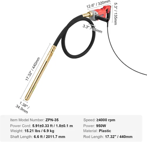 Vista 7 de VEVOR Vibrador de concreto manual, vibrador eléctrico de 800W 13000 VPM, herramienta eléctrica de vibración de concreto con vara de 6.6 pies / 2m