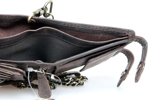 Vista 6 de FLW Cartera de cuero genuino RFID marrón con dos hebillas y cadena de metal, Marrón, Casual