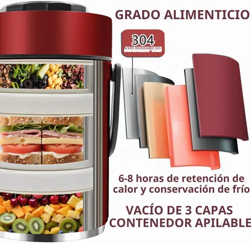 Vista 3 de Contenedor de comida aislado al vacío de 67 onzas para alimentos calientes, termo de alimentos apilable sellado de 3 niveles, lonchera térmica