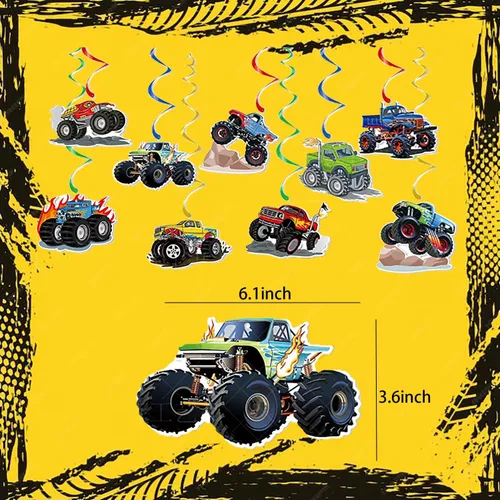 Vista 2 de Decoraciones de cumpleaños de Monster Truck incluyen 2 manteles, pancarta de cumpleaños, remolinos colgantes, calcomanías y guirnalda (Monstertruck)