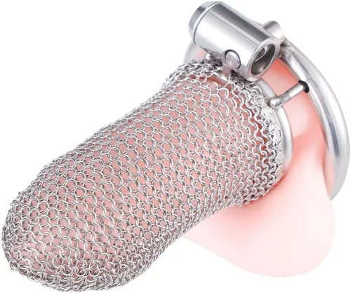 Vista 7 de Jaula de castidad masculina, dispositivo de castidad de malla metálica flexible para el pene con anillo de 1.772 in, juguete sexual para adultos