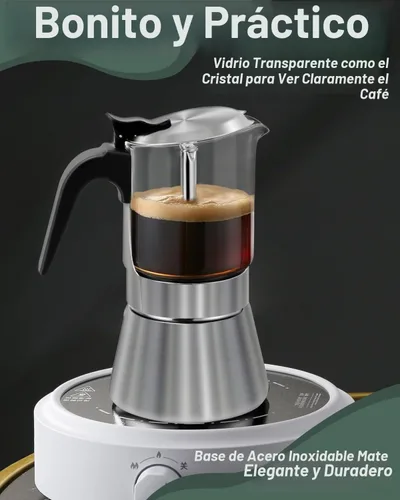 Vista 9 de Grasseed Cafetera Moka de vidrio transparente, cafetera de espresso para estufa con tapa de acero inoxidable cepillado para café italiano - 4