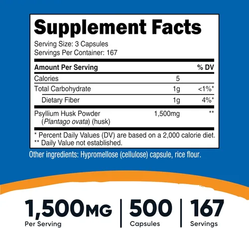 Vista 2 de Nutricost Cáscara de psyllium 1500 mg por porción, 500 cápsulas, sin OMG y sin gluten