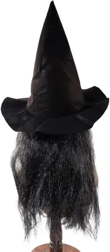 Vista 6 de Máscara facial de bruja de anciana con pelo y sombrero, disfraz de látex para Halloween, espeluznante y aterrador, disfraz de bruja para fiesta