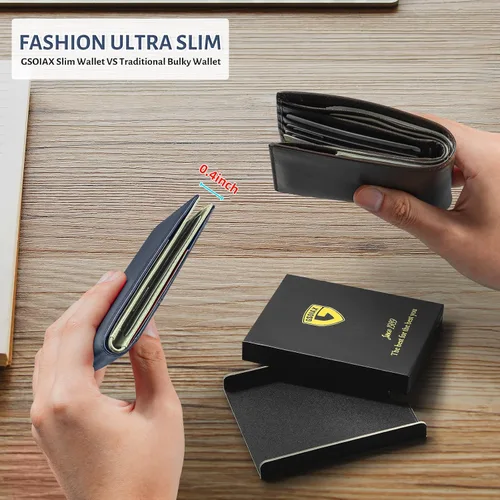 Vista 17 de GSOIAX Cartera delgada de cuero plegable RFID para hombre, billetera minimalista con bolsillo frontal con clip para dinero, 12 ranuras para Negro