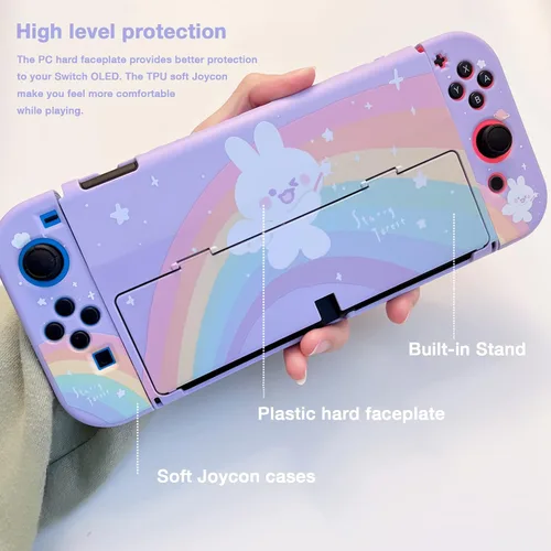 Vista 4 de Starry Forest Lindas fundas protectoras para Nintendo Switch OLED con fundas Joycon Stick, cubierta dura de plástico púrpura para consola Switch