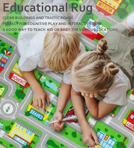 Vista 6 de Yincimar Alfombra de juegos para niños, alfombra de juego con coche, vida urbana, tráfico, carretera, alfombra para niños, alfombra de 5 x 6 pies 6