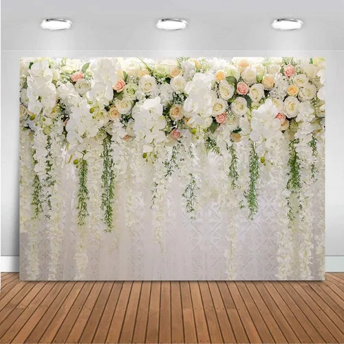 Vista 8 de Mocsicka Telón de fondo de pared de flores de boda para sesión de fotos, decoración de boda para recepción, pancarta de fondo floral de rosa blanca
