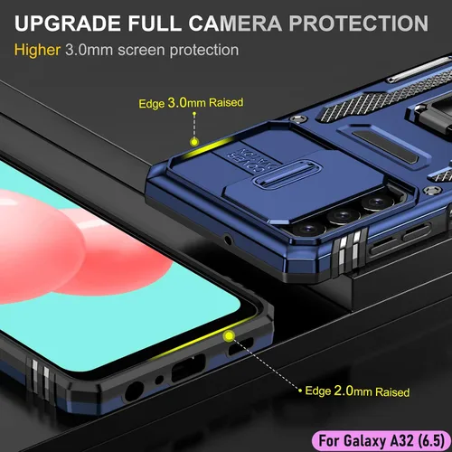 Vista 6 de Funda resistente para Samsung Galaxy A32 (5G), protector híbrido de goma de doble capa de grado militar con protector de cámara deslizante, soporte
