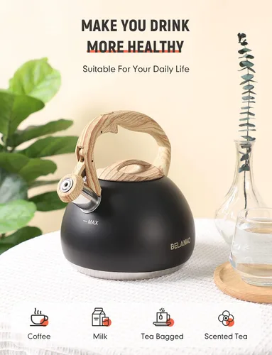 Vista 2 de BELANKO - Hervidor de té de 2.7 cuartos de galón para estufa - Tetera de acero inoxidable de grado alimenticio con silbato fuerte, mango de madera
