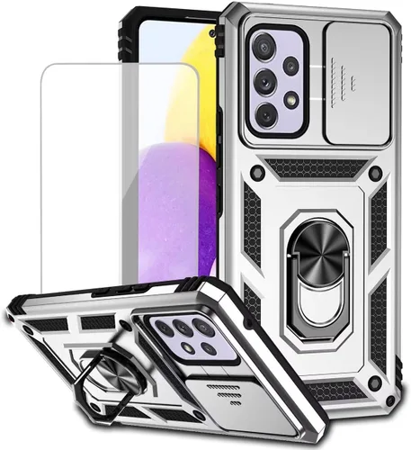 Vista 9 de Funda para Galaxy A53 5G, Samsung A53 5G SM-A536U con protector de pantalla de vidrio templado y cubierta de cámara deslizante, anillo magnético Oro