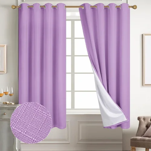 Vista 77 de Diraysid Cortinas 100% opacas de lino beige para dormitorio, con ojales, aislamiento térmico, cortinas de oscurecimiento de habitación