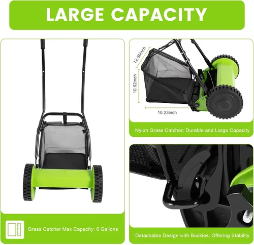 Vista 5 de Cortacésped manual de 12 pulgadas con carrete de 5 cuchillas, mango de corte ajustable, altura de mango de empuje, cortacésped con recogedor