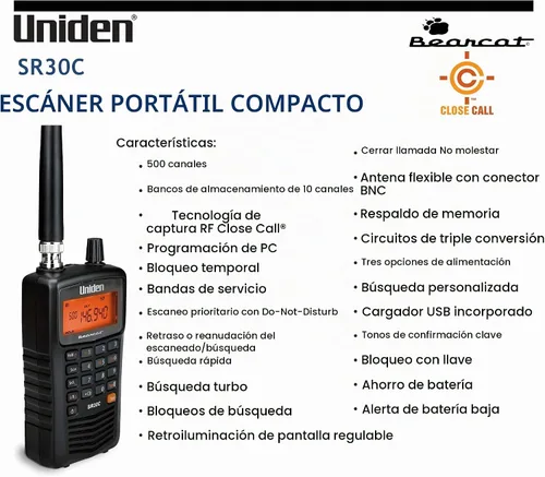 Vista 3 de Uniden Bearcat SR30C, escáner de mano compacto de 500 canales, captura de RF Close Call, búsqueda turbo, programable por PC, NASCAR, carreras