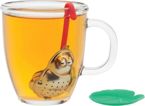 Vista 3 de HIC Kitchen Infusor de té con bandeja de goteo, almohadilla de rana y lirio, acero inoxidable 18/8 y plástico