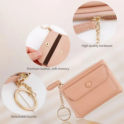 Vista 3 de Monedero, mini monedero con llavero y cierre de cremallera para hombres y mujeres, bolso de moda, llavero colgante de cuero clásico, Rosado, Monedero