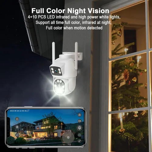 Vista 6 de Cámara de seguridad para exteriores de doble lente 2K, panorámica/inclinación de 360°, cámaras de enlace inalámbrico WiFi 2.4G para seguridad
