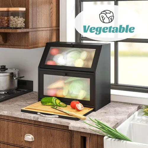 Vista 7 de Panera extragrande con tabla de cortar, panera de madera de bambú para encimera de cocina, contenedor de almacenamiento de pan de gran capacidad