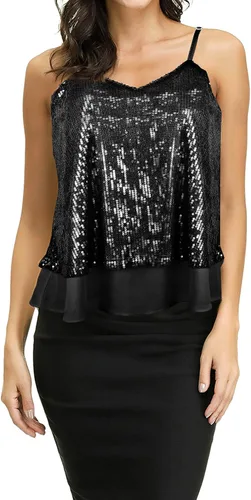 Vista 2 de SATINIOR Camiseta sin mangas de lentejuelas brillantes para mujer, chaleco de lentejuelas brillantes, chaleco de lentejuelas para fiesta de Navidad
