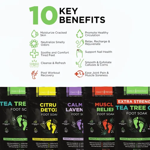 Vista 4 de DAILY REMEDY Sales de remojo para pies, paquete variado de 4 unidades, aceite de árbol de té, alivio muscular, lavanda calmante y remojo
