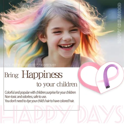 Vista 6 de Extensiones de cabello de colores, extensión de cabello liso con clip de 22 pulgadas, extensiones de cabello con brillantina multicolor arcoíris