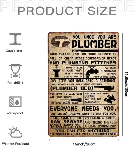 Vista 3 de Decoración de pared retro de plomería con texto en inglés «You Know You Are A Plumber Metal Tin Signs», póster divertido para cocina, baño, baño