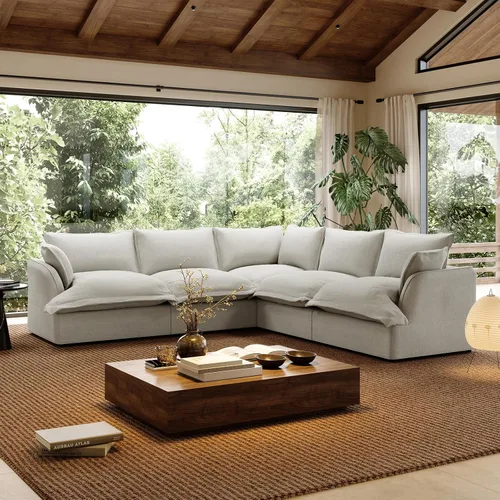 Vista 41 de Sofá modular de mezcla de lino para sala de estar, cómodo sofá modular con relleno de plumón, moderno sofá cama convertible con asiento profundo