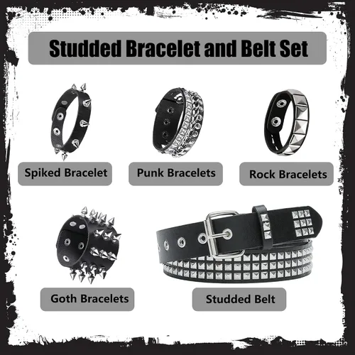 Vista 3 de YMO Cinturón con tachuelas, pulsera con tachuelas de emo, remache gótico, punk, rock, brazaletes con correa emo, pulseras góticas con pinchos