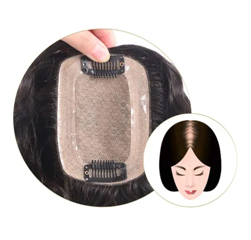 Vista 3 de 100% cabello humano real, 2.8 x 3.9 pulgadas, base de seda, con clip, ondulado, rizado, postizo para mujer (7.9 pulgadas, negro)