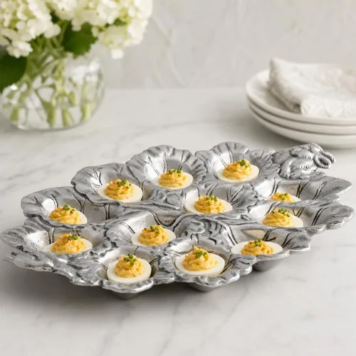 Vista 9 de Arthur Court Bunny Deviled Egg Holder - Recipiente de metal de aluminio para reuniones de Pascua, 12 x 8.5 pulgadas