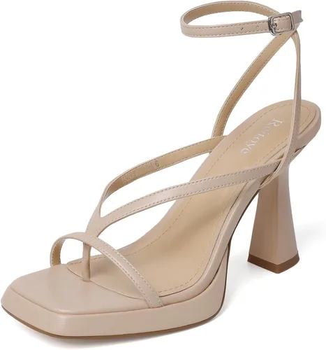 Vista 17 de Reitoye Tacones de tiras para mujer, con plataforma, tacones altos y gruesos, sandalias de tacón cuadrado con puntera abierta, correa de tobillo